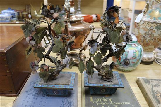 A pair of Chinese jade and hardstone bonsai trees in cloisonne jardinieres H 33cm approx